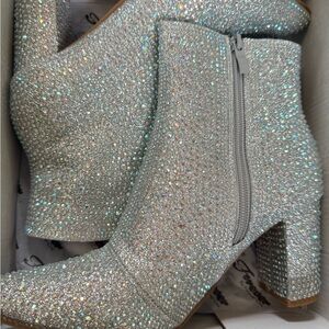 Sparkling Silver Rhinestone Block Heel Ankle Boots - Women's